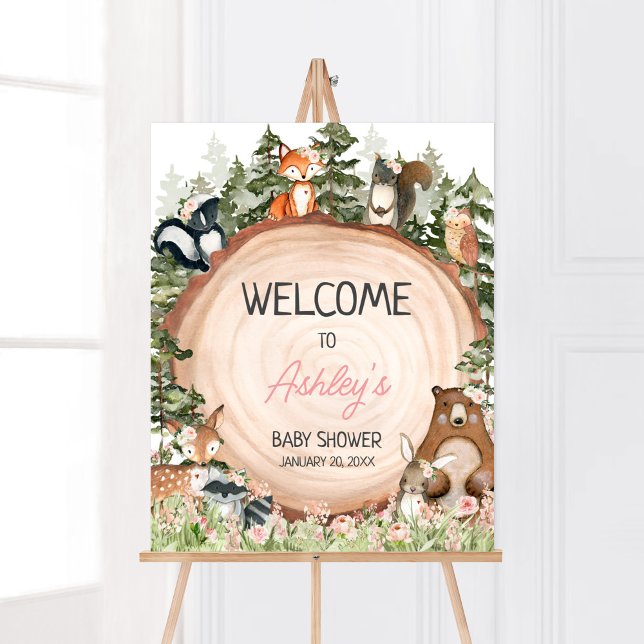 Póster Bienvenidos a Woodland Floral Wood Slice (Floral Woodland Animals Baby Shower Welcome Sign)