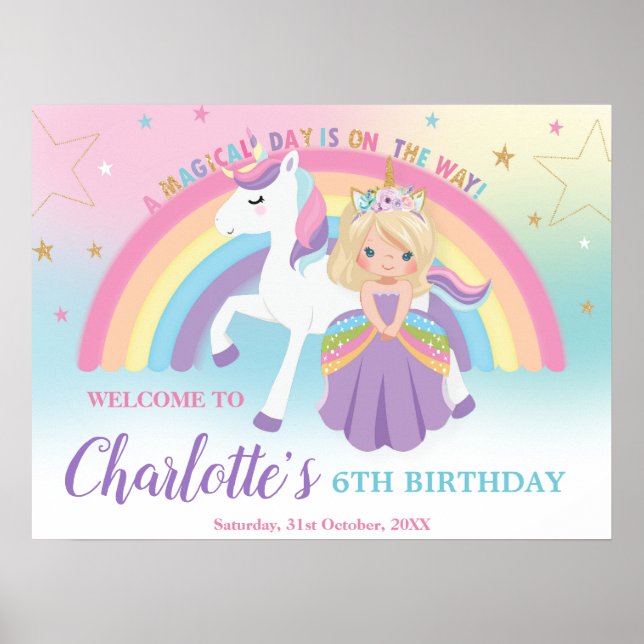 Póster Bienvenidos al arcoiris de cumpleaños de Unicornio (Frente)