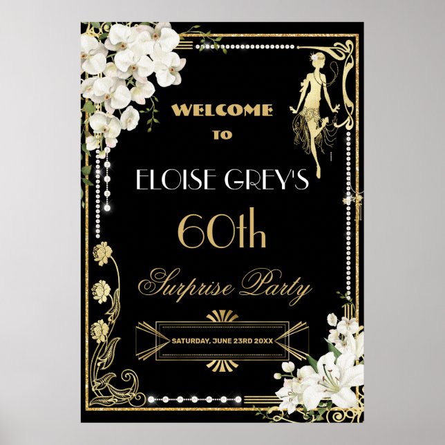 Póster Bienvenidos al Art Deco Pearls White Floral Gatsby (Frente)