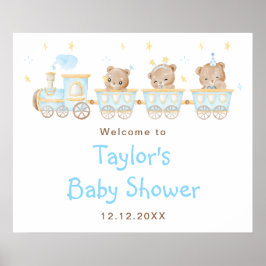 Póster Bienvenidos al Baby Shower Bear Blue Train