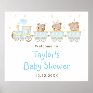 Póster Bienvenidos al Baby Shower Bear Blue Train