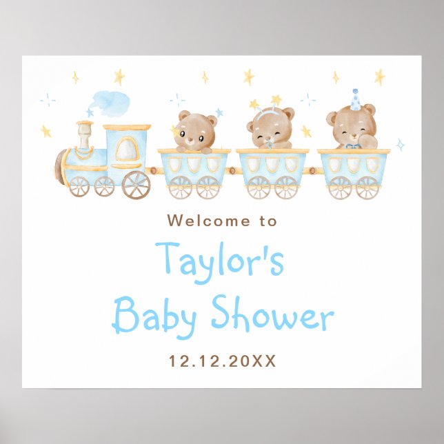 Póster Bienvenidos al Baby Shower Bear Blue Train (Frente)
