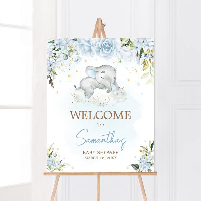 Póster Bienvenidos al Baby Shower Blue Floral Elephant (Blue Floral Sleeping Elephant Baby Shower Welcome Sign)