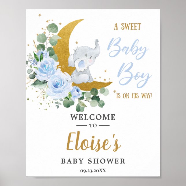 Póster Bienvenidos al Baby Shower Blue Floral Greeneratio (Frente)