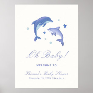 Póster Bienvenidos al Baby Shower Blue Modern Dolphin