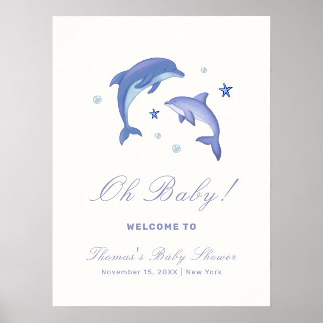 Póster Bienvenidos al Baby Shower Blue Modern Dolphin (Frente)