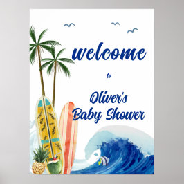 Póster Bienvenidos al Baby Shower Blue Ocean Wave Surfboa
