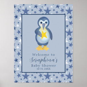 Póster Bienvenidos al Baby Shower Blue Winter Star Pengui