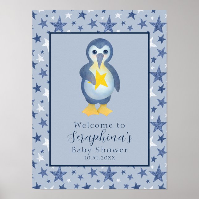 Póster Bienvenidos al Baby Shower Blue Winter Star Pengui (Frente)