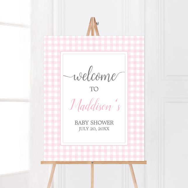 Póster Bienvenidos al Baby Shower Classic Pink Gingham (Girl Gingham Baby Shower Welcome Sign)