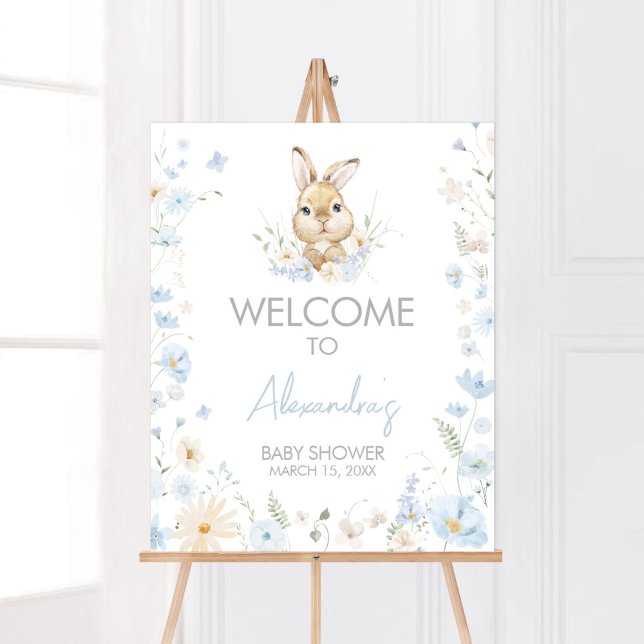 Póster Bienvenidos al Baby Shower de Blue Rabbit Somebunn (Blue Somebunny Rabbit Baby Shower Welcome Sign)