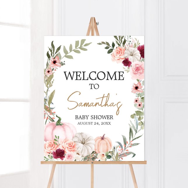 Póster Bienvenidos al Baby Shower de la Calabaza de Flore (Autumn Little Pumpkin Baby Shower Welcome Sign)