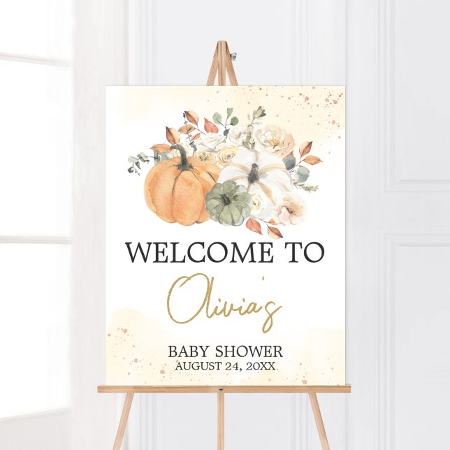 Póster Bienvenidos al Baby Shower de la Calabaza Floral d (A Little Pumpkin Baby Shower Welcome Sign)
