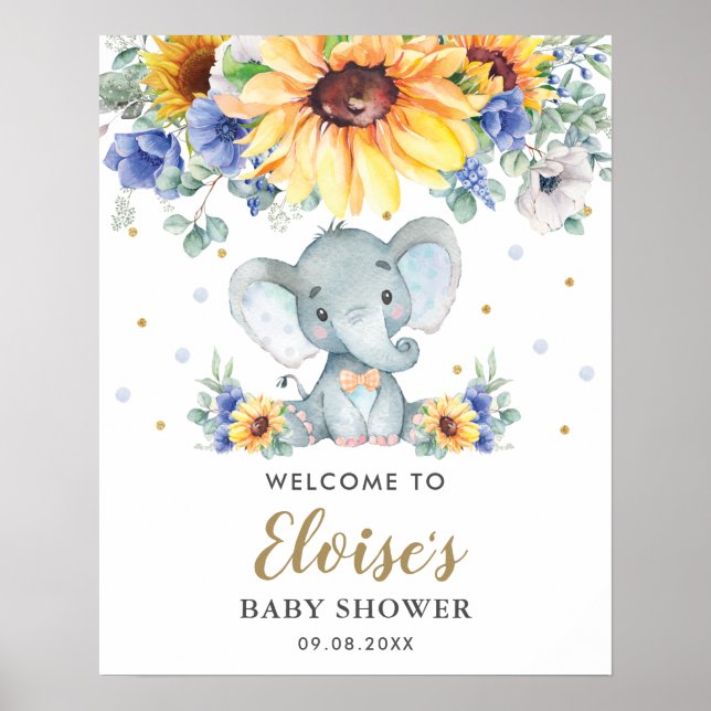Póster Bienvenidos al Baby Shower de los Elefantes Floral (Frente)