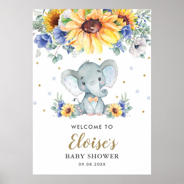 Póster Bienvenidos al Baby Shower de los Elefantes Floral (Frente)