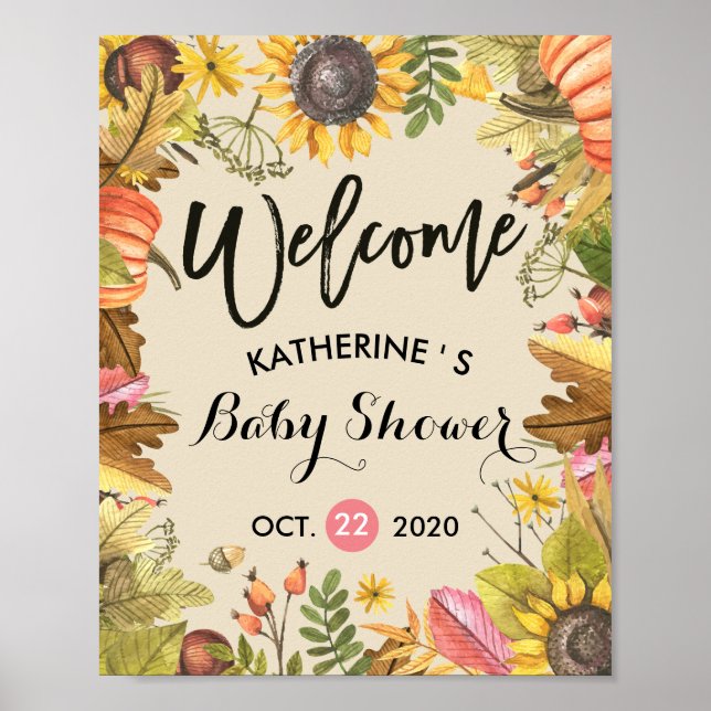 Póster Bienvenidos al Baby Shower de otoño con hojas de a (Frente)