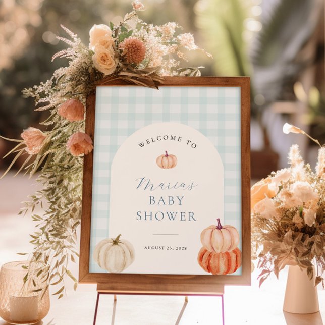 Póster Bienvenidos al Baby Shower de Pumpkin Blue Gingham (Subido por el creador)