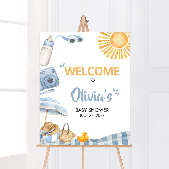 Póster Bienvenidos al Baby Shower de verano de Blue Beach (Boy Splish Splash Baby Shower Welcome Sign)