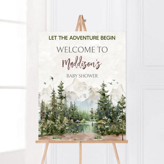 Póster Bienvenidos al Baby Shower de Woodland Mountain (Let The Adventure Begin Baby Shower Welcome Sign )
