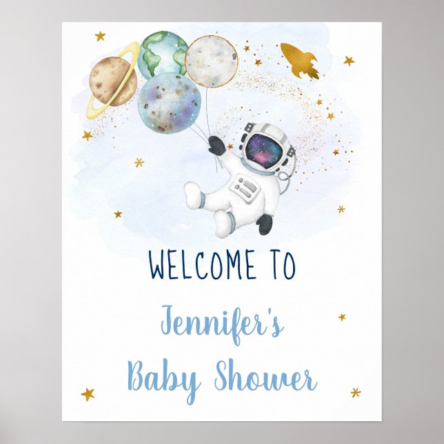 Póster Bienvenidos al Baby Shower del Astronauta Blue Gol (Frente)