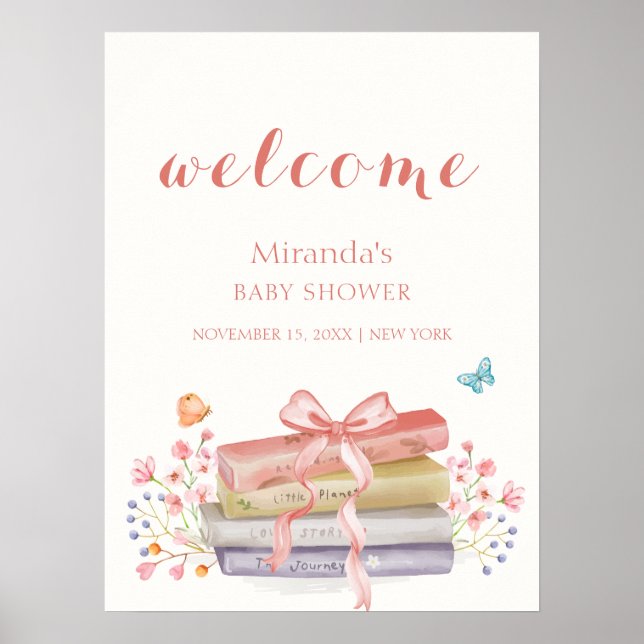 Póster Bienvenidos al Baby Shower del Libro de Floral Bow (Frente)