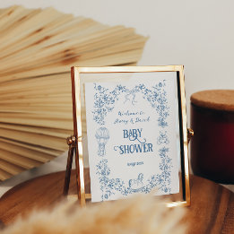 Póster Bienvenidos al Baby Shower Dusty Blue Vintage Flor