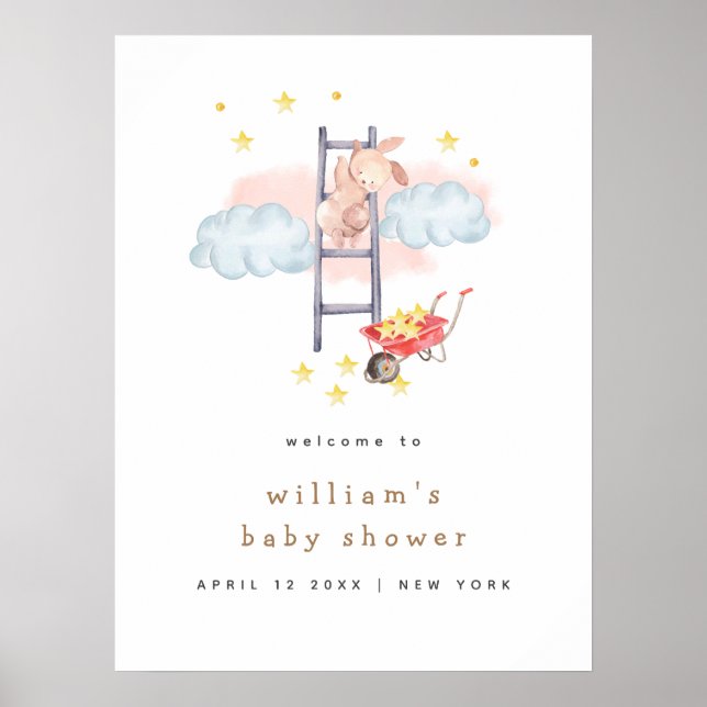 Póster Bienvenidos al Baby Shower Minimal Boho Bunny Star (Frente)