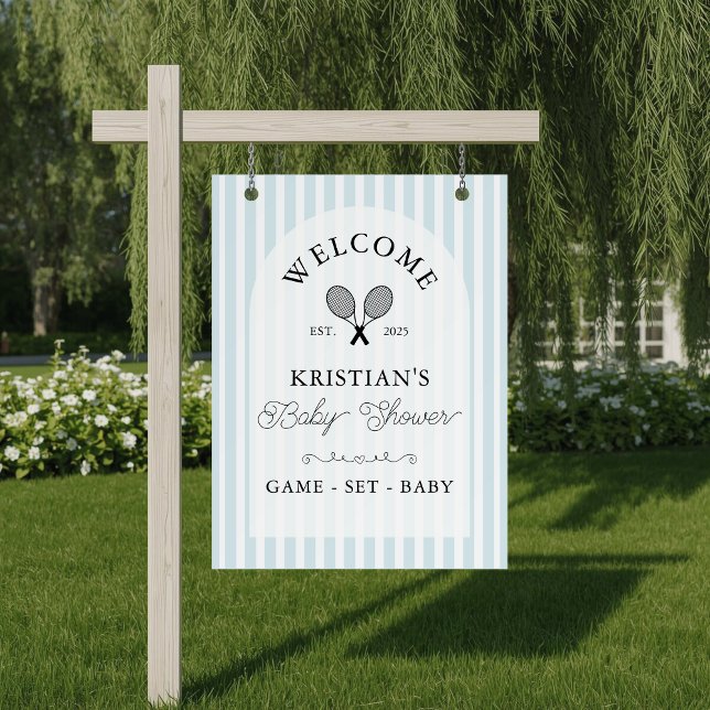 Póster Bienvenidos al Baby Shower Preppy Blue Tennis (blue and white baby shower welcome sign with chic tennis motif and elegant arch displayed on easel)