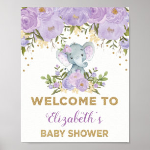 Póster Bienvenidos al Baby Shower Purple Gold Floral Elep