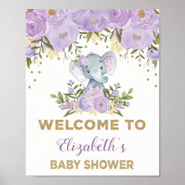 Póster Bienvenidos al Baby Shower Purple Gold Floral Elep (Frente)