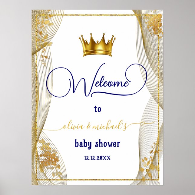 Póster Bienvenidos al Baby Shower Royal Blue Gold Prince (Frente)