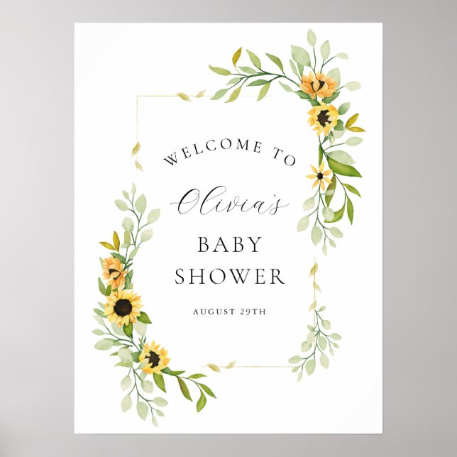 Póster Bienvenidos al Baby Shower Sunflower and Greenery (Frente)