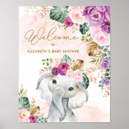 Póster Bienvenidos al Baby Shower Tropical Floral Elephan