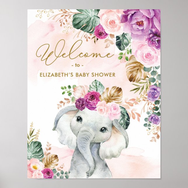 Póster Bienvenidos al Baby Shower Tropical Floral Elephan (Frente)
