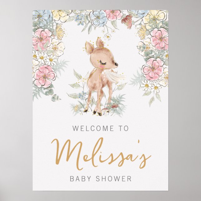 Póster Bienvenidos al Baby Shower Woodland Deer Floral (Frente)