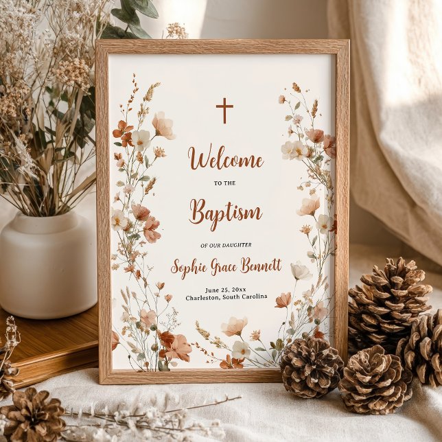 Póster Bienvenidos al bautismo de flores silvestres de Bo (Rustic Boho Dusty Rose Wildflower Baptism Welcome Poster)