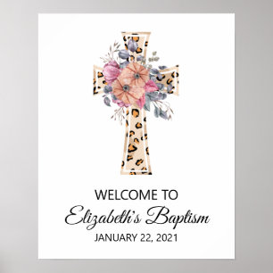 Póster Bienvenidos al bautismo Watercolor Leopard Cruz Fl