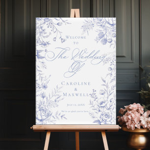Póster Bienvenidos al Blue Floral boda de tela francesa