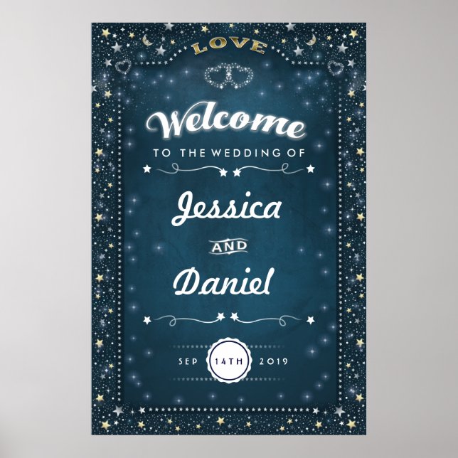 Póster Bienvenidos al Boda 24x36 Verde azulada Gold Heart (Frente)