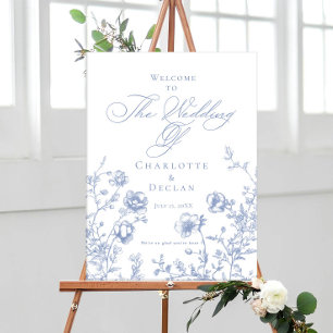 Póster Bienvenidos al boda Blue Floral en toile francés