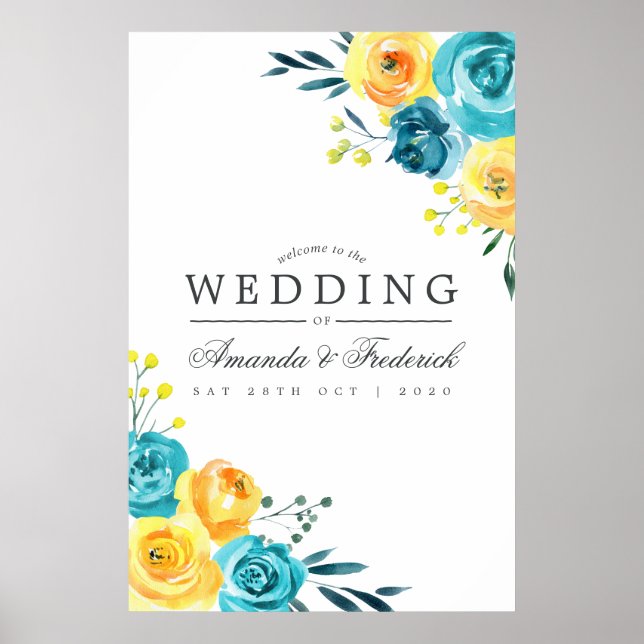 Póster Bienvenidos al Boda floral amarillo y turquesa (Frente)
