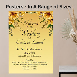 Póster Bienvenidos al Boda Flores Amarillas de Oro