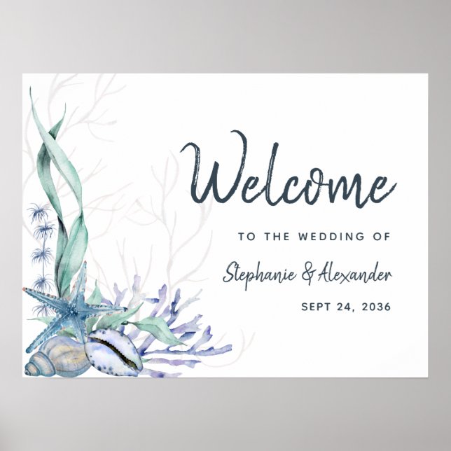 Póster Bienvenidos al Boda horizontal acuático Beach Ocea (Frente)