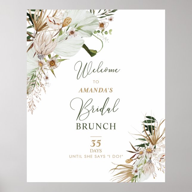 Póster Bienvenidos al Brunch de Novias Gold & Green Boho (Frente)