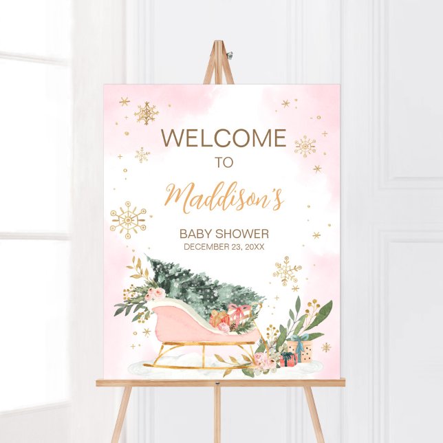 Póster Bienvenidos al copo de nieve de oro rosado en invi (Pink Sleigh Baby Shower Welcome Sign)