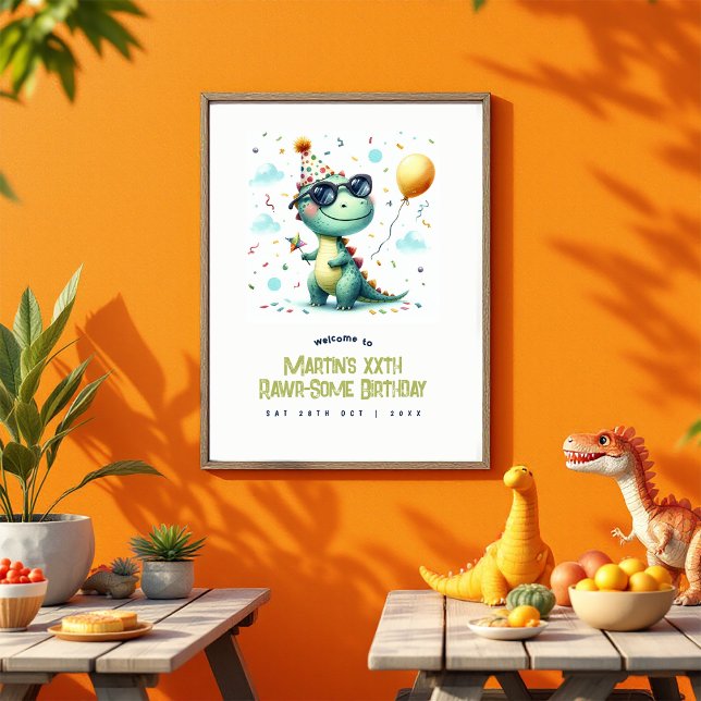 Póster Bienvenidos al cumpleaños de algunos dinosaurios e (Custom Rawr-Some Dinosaur Birthday Welcome Poster)