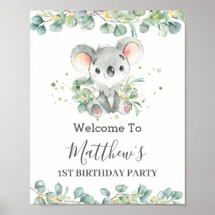 Póster Bienvenidos al cumpleaños de Cute Koala Greenery
