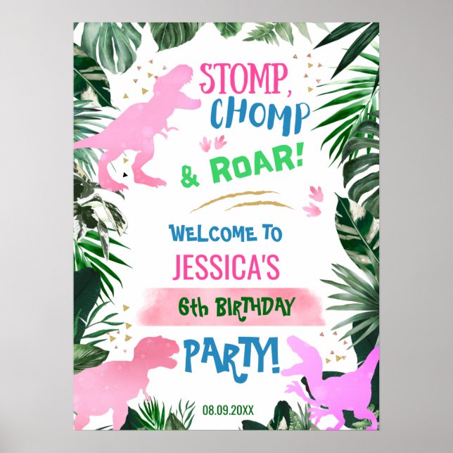 Póster Bienvenidos al cumpleaños de Dinosaur, Chica rosa  (Frente)