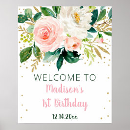Póster Bienvenidos al cumpleaños de Floral Rubor Gold Boh