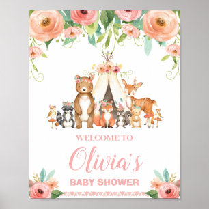 Póster Bienvenidos al cumpleaños de Floral Woodland Baby 